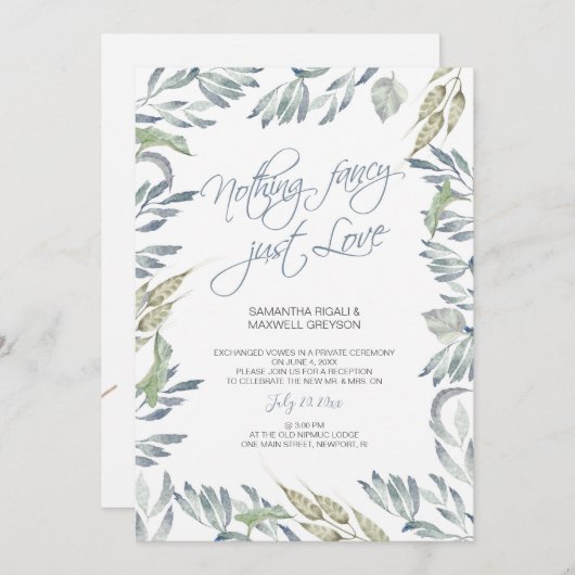 Elopement Reception Niets Fancy Just Love Kaart (Voorkant / Achterkant)