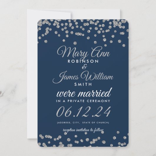 Elopement Silver Glitter Confetti Navy Blue Kaart (Voorkant)