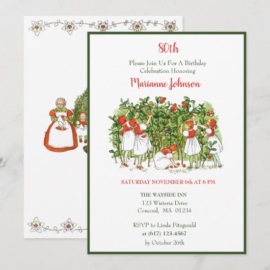 Elsa Beskow Fraise Girls Invitation Anniversaire (Devant / Derrière)