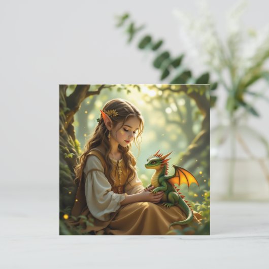 Elven Fairy with Dragon in Enchanted Forest Kaart (Staand voorkant)