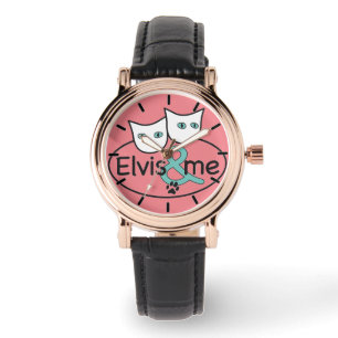 'Elvis & me' Roze vierkant Bekijk zwarte lederen s Horloge