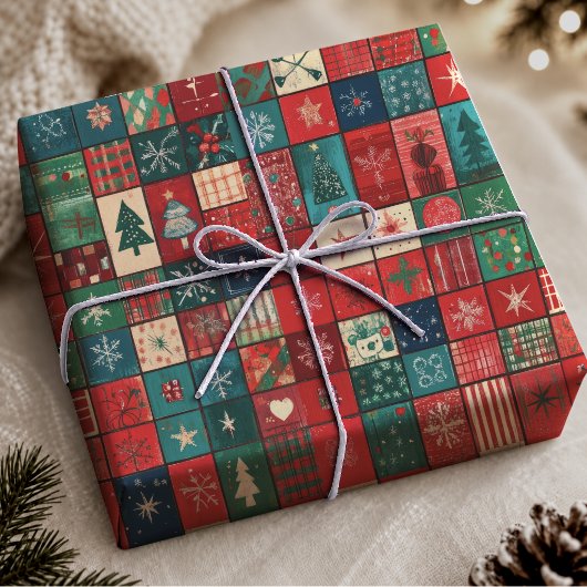 Emballage Cadeau de Noël Patchwork Bleu Rouge Joye