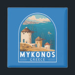 Emblème de Mykonos Grèce Travel Art<br><div class="desc">Mykonos design de déplacement vectoriel rétro. Des moulins à vent pittoresques aux charmantes ruelles de la Petite Venise,  Mykonos offre un mélange parfait de détente,  de beauté et d'énergie.</div>