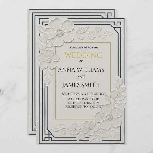 Embossed Art Deco Floral Wedding Kaart (Voorkant / Achterkant)