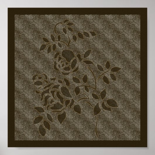Embossed Effect Bruine stencil Rozen Bloemen Poster (Voorkant)