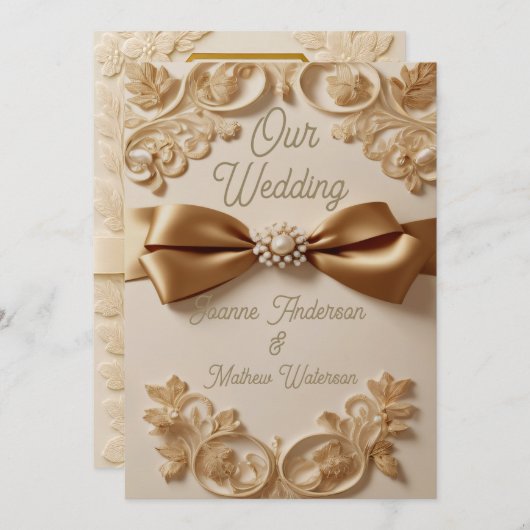 Embossed Floral Wedding Invitation – Satin Bow & G (Devant / Derrière)