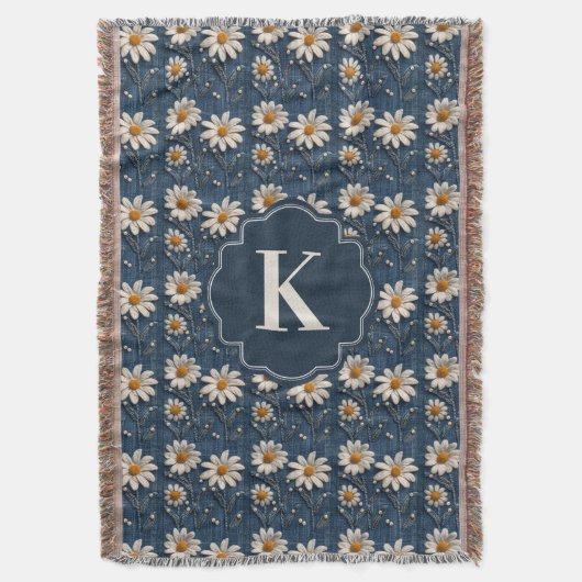 Embroidered Daisy Denim Blanket | Monogram Deken (Voorkant Verticaal)