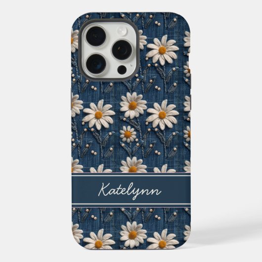 Embroidered Daisy Denim Phone Case with Name (Verso)