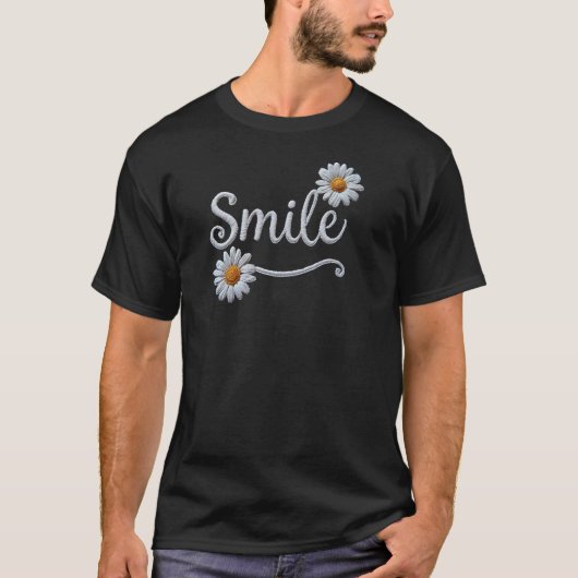 Embroidered Daisy Smile – Floral Cursive Typograph T-shirt (Voorkant)