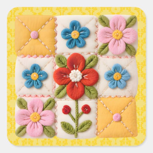 Embroidered Flower Patchwork Quilt Vierkante Sticker (Voorkant)