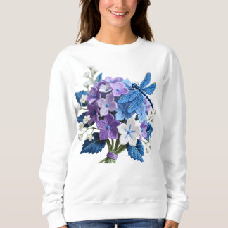 Embroidered Hydrangeas and Dragonfly Botanical Art Trui