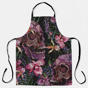 Embroiderige menselijke schedel en roze orchidee b schort