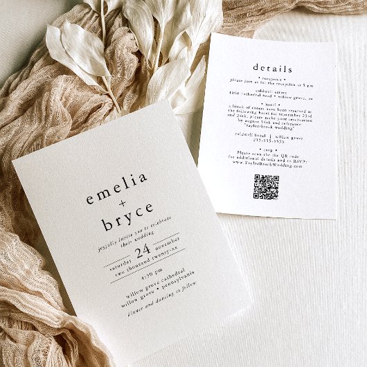 EMELIA QR Code Rustiek Eenvoudig Modern Boho Weddi Kaart