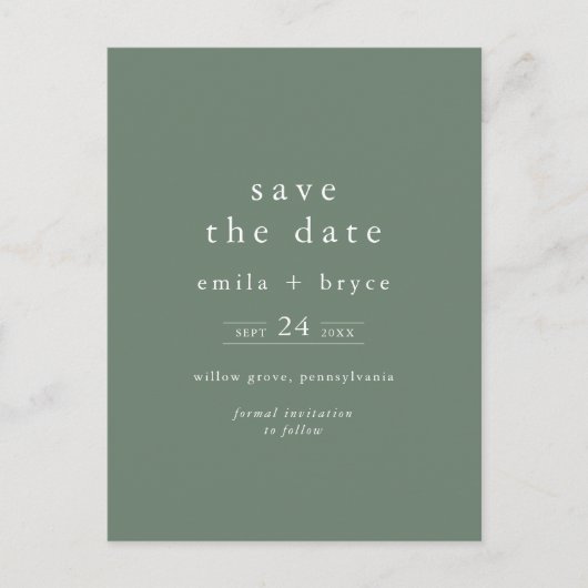 EMELIA Rustic Sage Green Wedding Save the Date Uitnodiging Briefkaart (Voorkant)