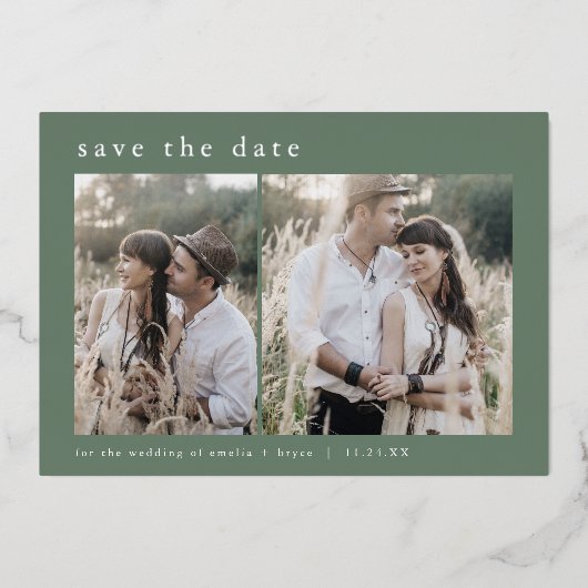 EMELIA Silver Foil Sage Wedding Save the Date Folie Uitnodiging (Voorkant)