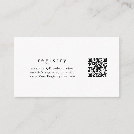 EMELIA Zwart Wit Eenvoudige QR Code Gift Registry Informatiekaartje (Voorkant)