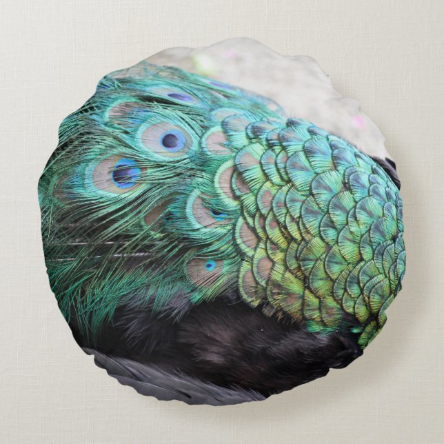 Emerald and Beige Elegant Round Peacock Feathers Rond Kussen (Achterkant)