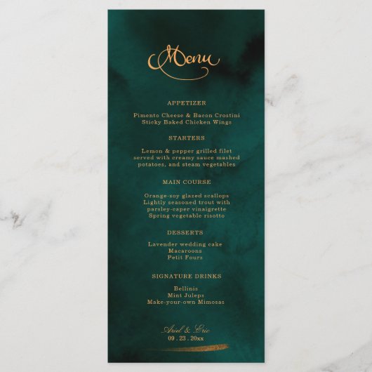 Emerald and Gold Calligraphy Elegant Wedding Menu (Voorkant)