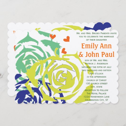 Emerald and Navy Modern Succulent Wedding Invite Kaart (Voorkant / Achterkant)