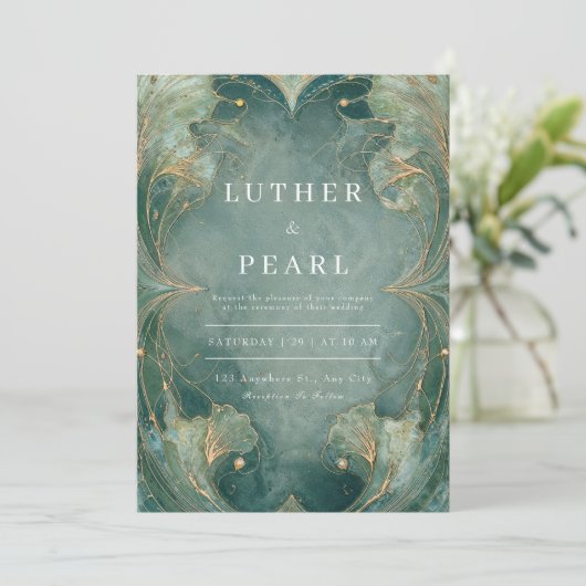 Emerald Art Nouveau Ginkgo bruiloft uitnodiging (Staand voorkant)