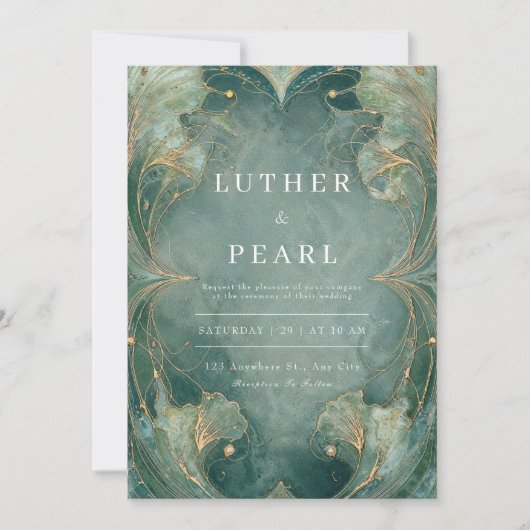 Emerald Art Nouveau Ginkgo Faire-part de mariage (Devant)