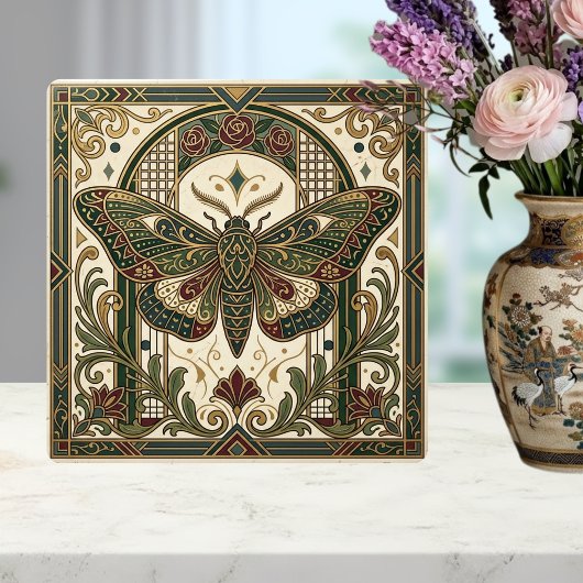 Emerald Art Nouveau Moth Decorative Tile Tegeltje