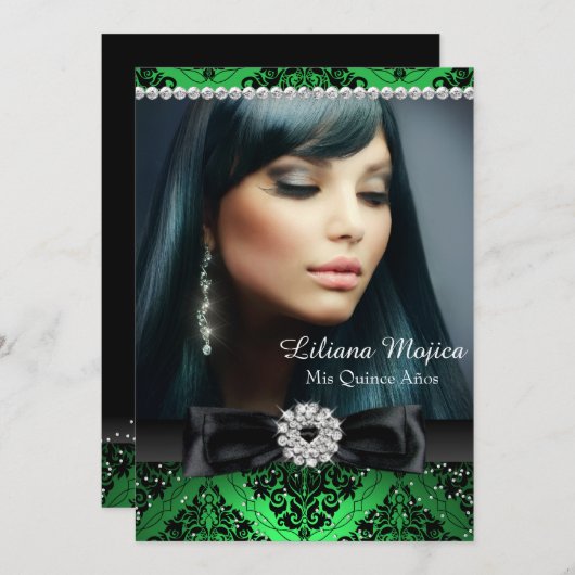 Emerald Black Diamond Bow & Damask Quinceanera Kaart (Voorkant / Achterkant)