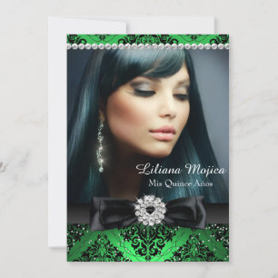 Emerald Black Diamond Bow & Damask Quinceanera Kaart