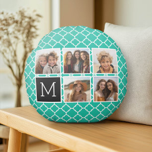 Emerald & Black Instagram 5 Photo Collage Monogram Rond Kussen