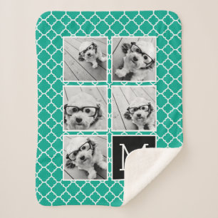 Emerald & Black Instagram 5 Photo Collage Monogram Sherpa Deken