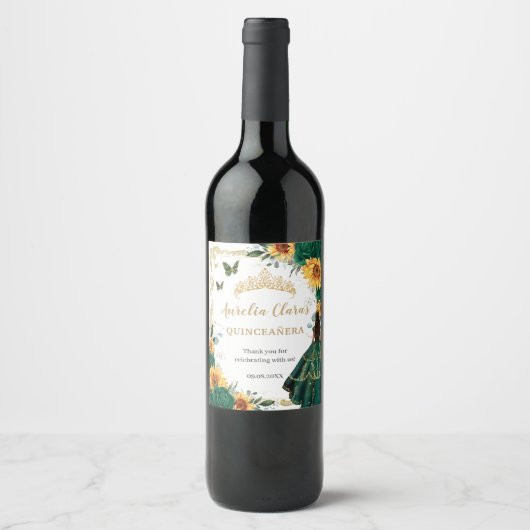 Emerald Bloemen Zonnebloemen Prinses Quinceañera Wijn Etiket (Voorkant)