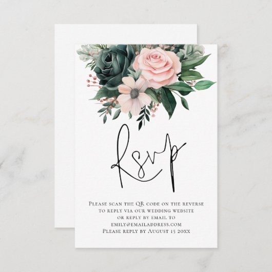 Emerald Blush Bloemen Script QR Code Trouwen RSVP (Voorkant / Achterkant)