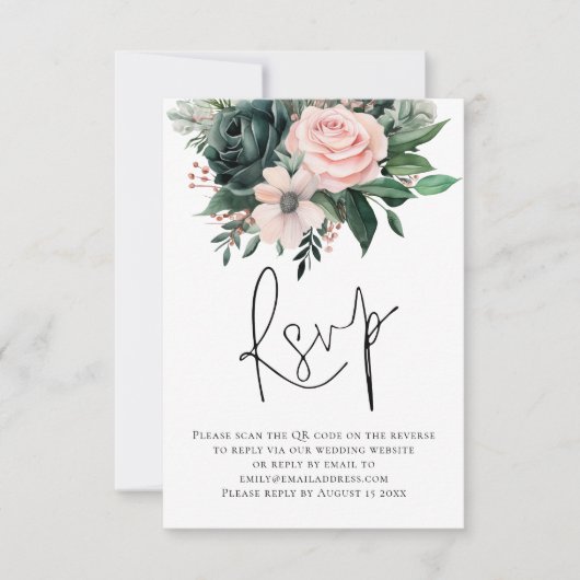 Emerald Blush Bloemen Script QR Code Trouwen RSVP Kaartje (Voorkant)