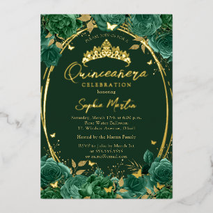 Emerald Boeiende Bloemige Vlinder Quinceanera Folie Uitnodiging