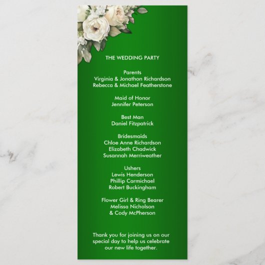 Emerald Boho White Roses Wedding Programme (Dos)