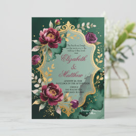 Emerald Burgundy Floral Glitter Wedding Invitation Kaart