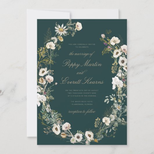 Emerald & Cream Floral Poppy Wedding Invitation (Devant)