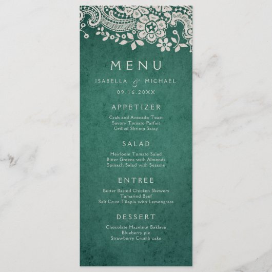 Emerald elegant  lace rustic bruiloft menu (Voorkant)