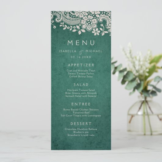 Emerald elegant  lace rustic bruiloft menu (Staand voorkant)