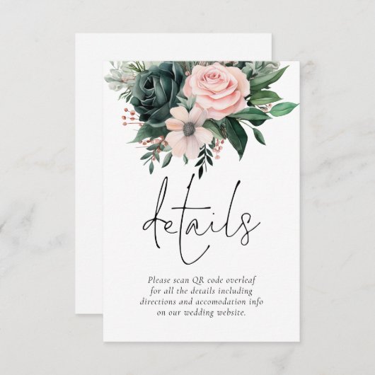 Emerald en Blush Bloemen QR Code Trouwdetails Informatiekaartje (Voorkant / Achterkant)