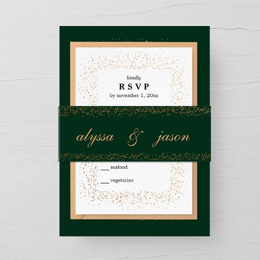 Emerald en Bronze Confetti Bursts Bruiloft Uitnodigingen Wikkel