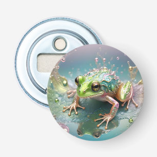 Emerald Essence: Groene kikker in fractale kunst Button Flesopener