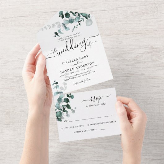 Emerald Eucalyptus Greenery Botanical Wedding RSVP All In One Uitnodiging (Afscheurbaar)
