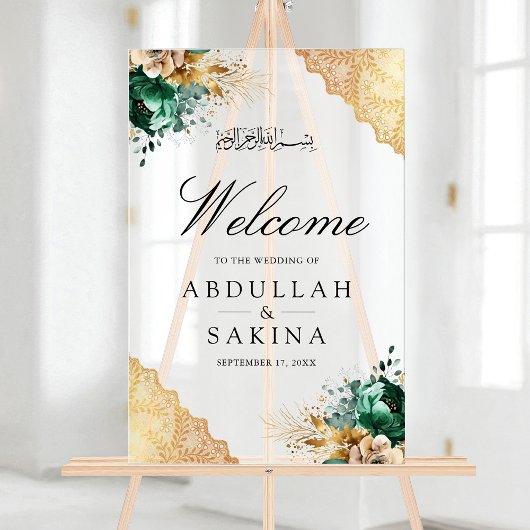Emerald Floral Gold Muslim Wedding Welcome Frosted