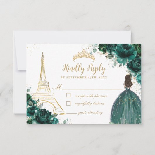 Emerald Floral Gold Paris Prinses Quinceañera RSVP Kaartje (Voorkant)