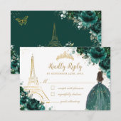 Emerald Floral Gold Paris Prinses Quinceañera RSVP Kaartje (Voorkant / Achterkant)