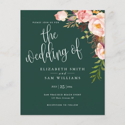 Emerald Floral Simple Wedding Invitation Budget Flyer (Voorkant)