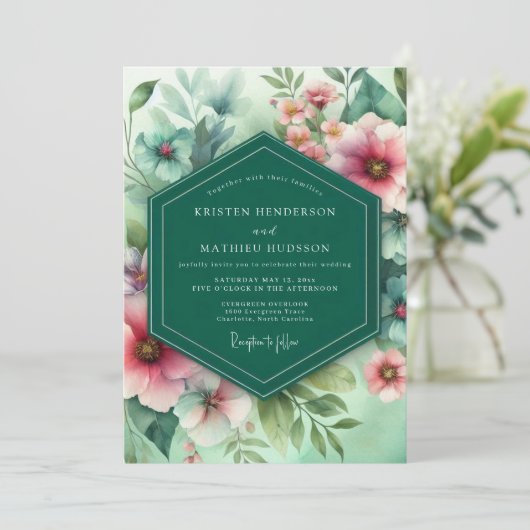 Emerald Floral Whimsy Wedding Kaart (Staand voorkant)