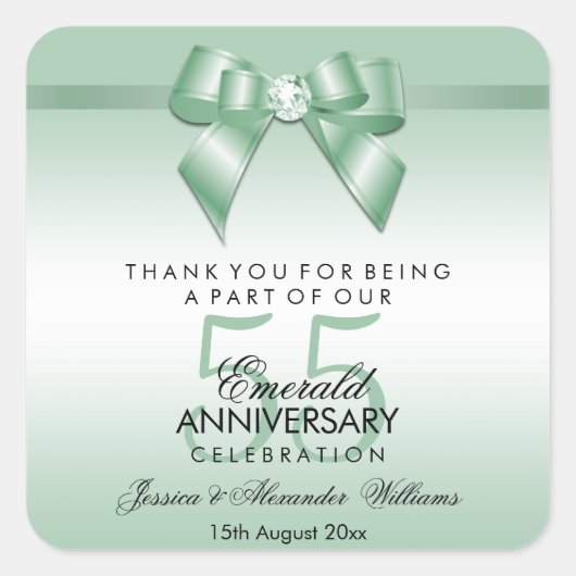 Emerald Gem Bow & Ribbon 55th Wedding Jubileum Vierkante Sticker (Voorkant)