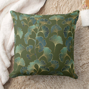 Emerald Ginkgo Elegantie – Luxe Gouden Botanische Kussen